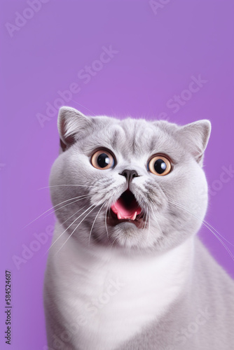 Scottish fold cat shocking face and wide open eyes, surprised cat with purple background