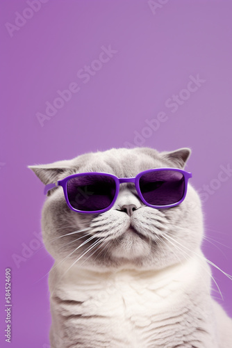 Portrait of handsome scottish fold cat wearing sunglasses on purple background with copy space. Generative AI