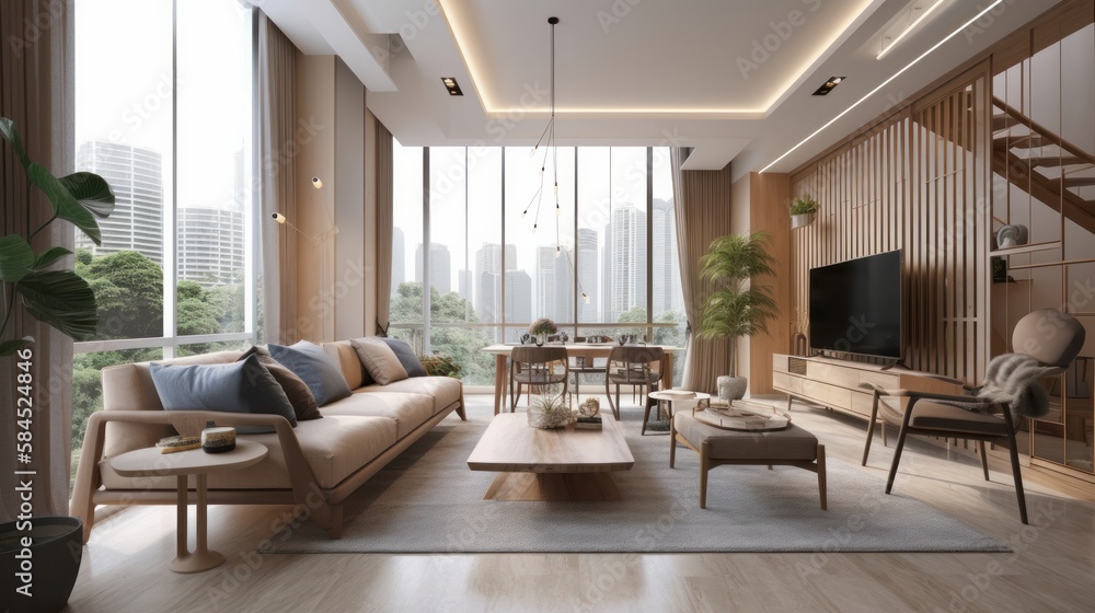 Fototapeta premium home interior design living area modern natural style wooden furniture and element sunrise morning day time , image ai generate