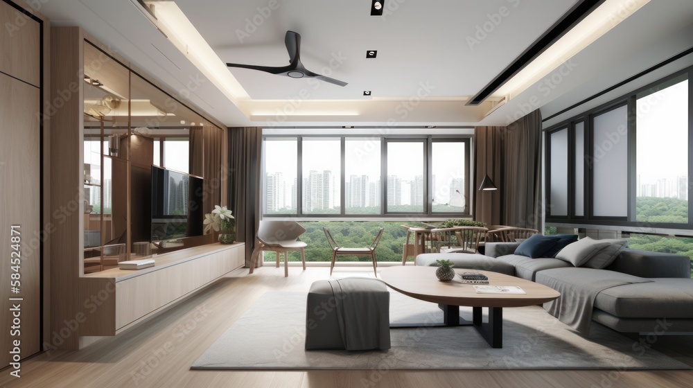 home interior design living area modern natural style wooden furniture and element sunrise morning day time , image ai generate home interior design living area modern natural style wooden furniture and element sunrise morning day time , image ai generate