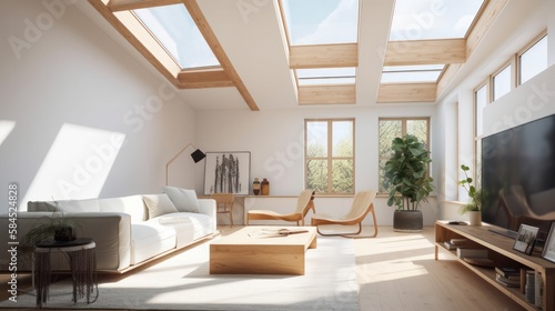 home interior design living area modern natural style wooden furniture and element sunrise morning day time   image ai generate