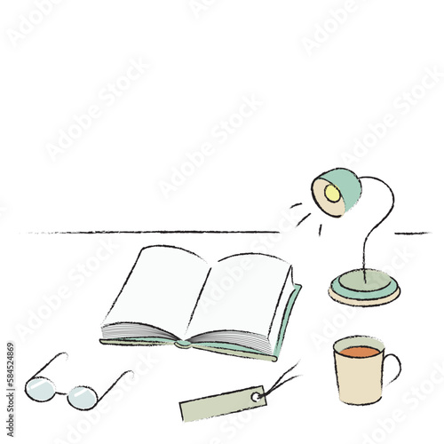 机に向かって本を読むイラスト　カラー