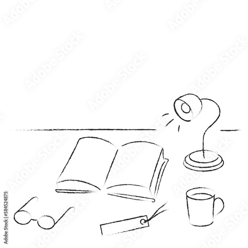 机に向かって本を読むイラスト　モノクロ線画