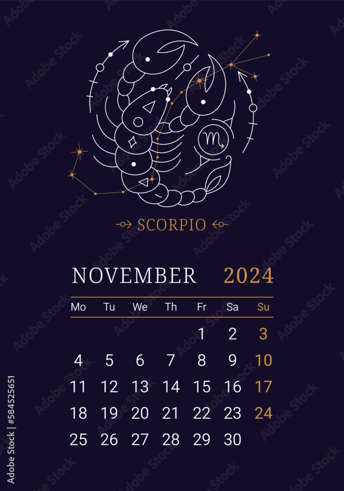 2024 Astrology wall monthly calendar with Scorpio zodiac sign. November