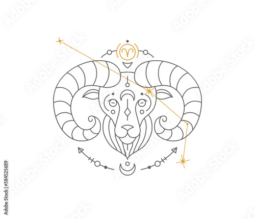 Aries astrological symbol with Zodiac constellation, connected stars. Ram astrology horoscope sign and stars on white background thin line vector illustration