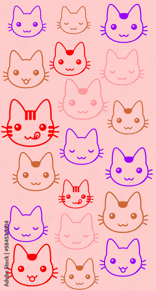 wallpaper in soft pink with several funny cats faces