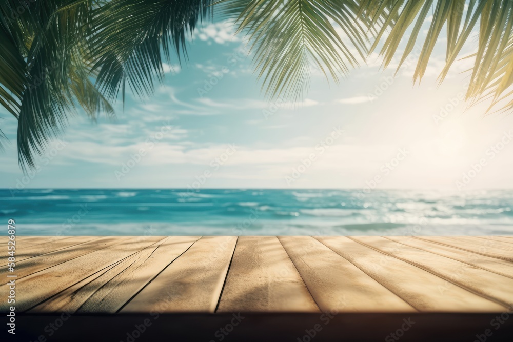 Empty wooden table on sea background, Desk of free space for product display. Created Generative Ai Empty wooden table on sea background, Desk of free space for product display. Created Generative Ai