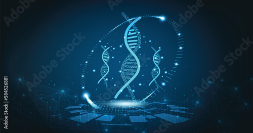 DNA link. Science Technological concept. Polygonal abstract health illustration. Low poly blue vector illustration of a starry sky or Cosmos. Vector image in RGB Color mode.