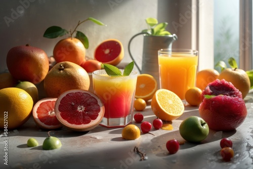 Fresh fruits juice on amazing light background, Healthy beverage rich in vitamins. Created Generative Ai