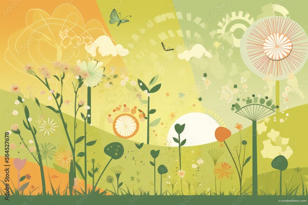 Fototapeta premium Spring Scrapbook Scrapbooking Background with Flowers Nature Floral Butterfly Plants Sky Pattern Decoration Illustration