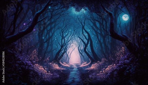 Mystical forest scene at night as digital art, Generate Ai