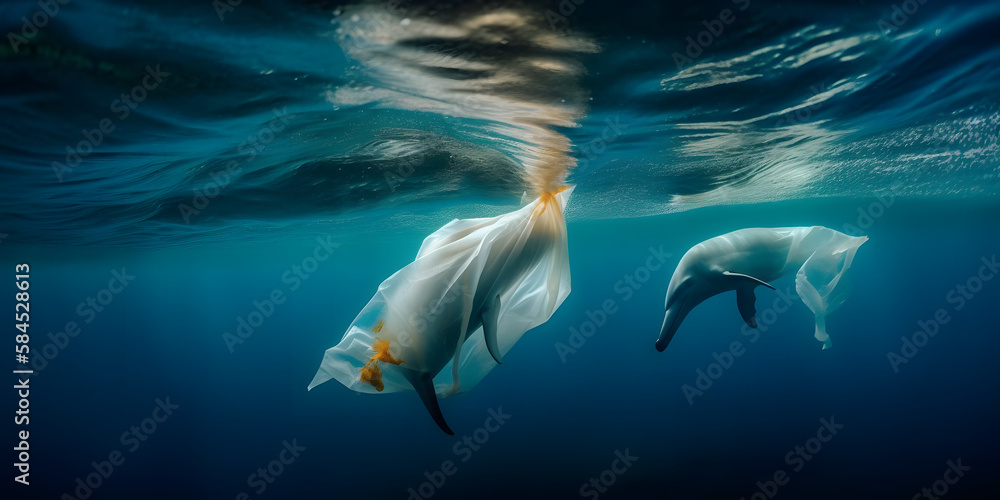 Fototapeta premium Dolphin with plastic rubbish, fish, bubbles and coral reefs. Save the ocean.