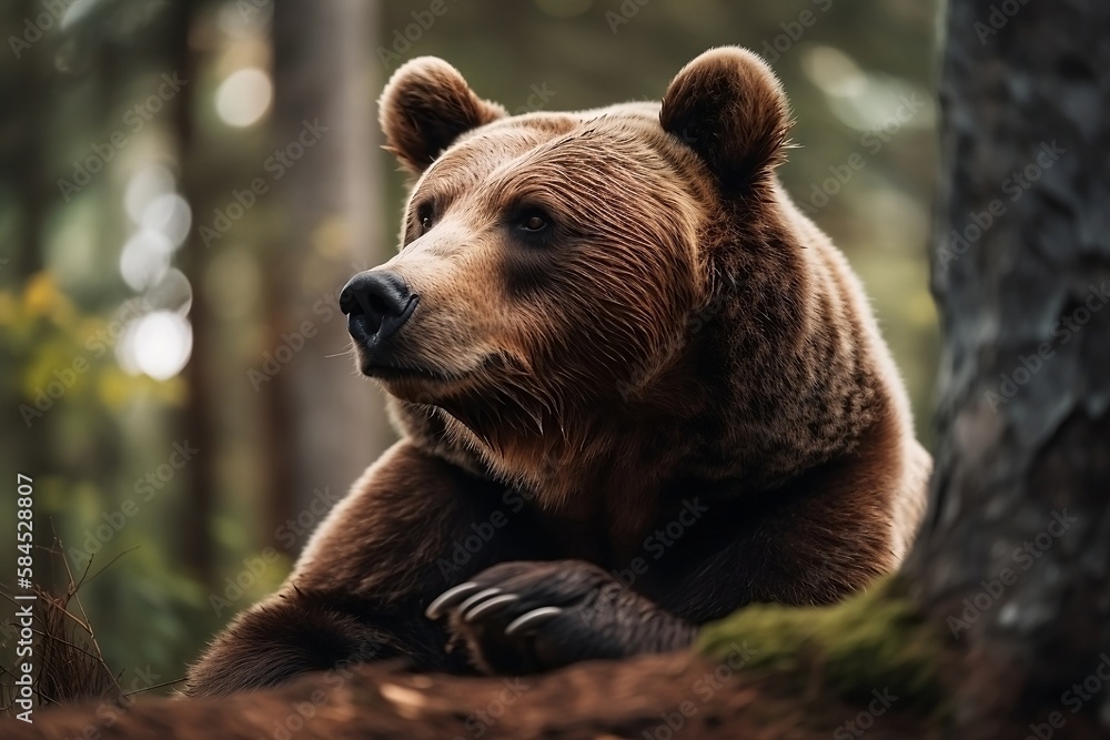 Fototapeta premium Close up of a Brown Bear in the Spring Wilderness Forest Background