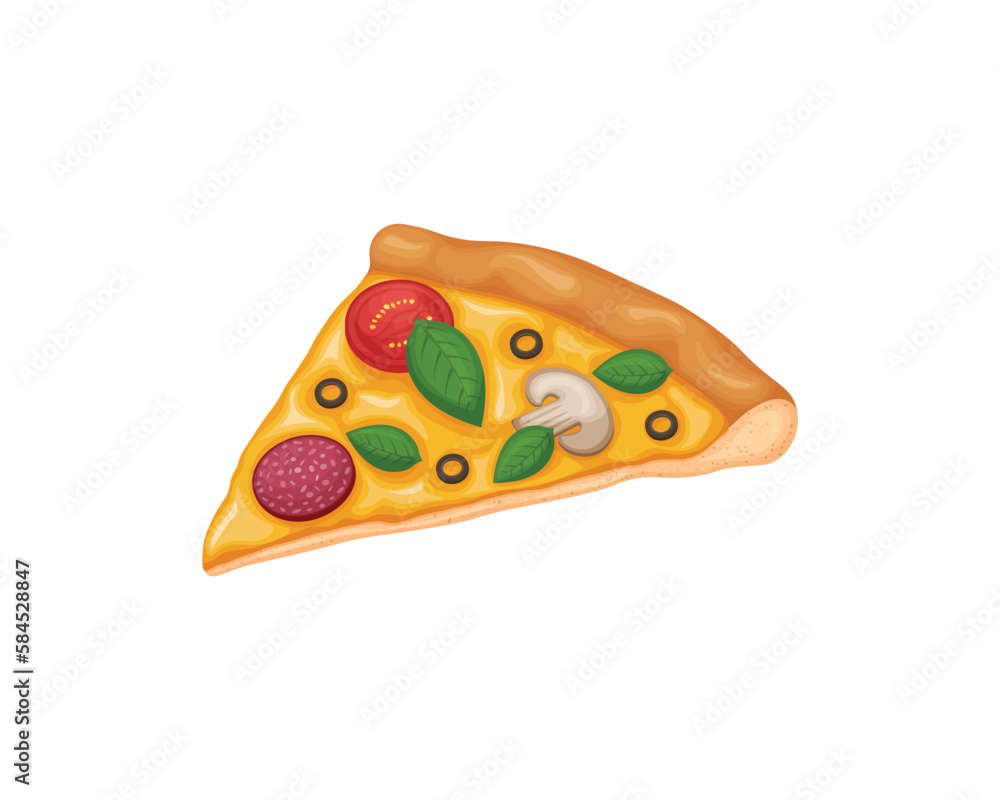 Pizza. A slice of pizza in cartoon style. Pizza with salami, tomatoes, mushrooms and olives. Fast food. Vector illustration isolated on a white background Pizza. A slice of pizza in cartoon style. Pizza with salami, tomatoes, mushrooms and olives. Fast food. Vector illustration isolated on a white background