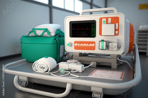 Close-up of empty hospital bed and various first aid medical equipment in emergency room of modern clinic. With no people 3D illustration on health care theme from my own 3D rendering photo