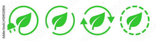 Green renewable power leaf icons design collection set. Electric energy charge button symbol.	