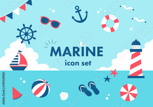 夏の海のベクターイラストアイコンセット(マリンの素材)