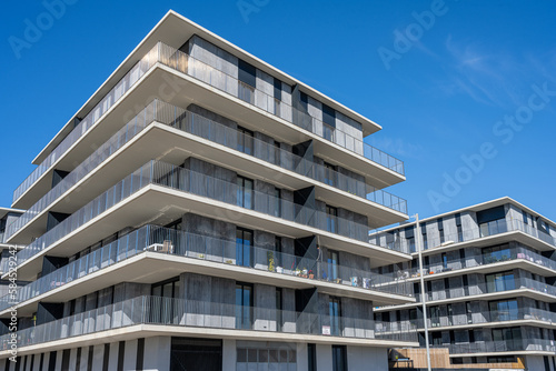 Modern gray apartment buildings seen in Badalona, Spain