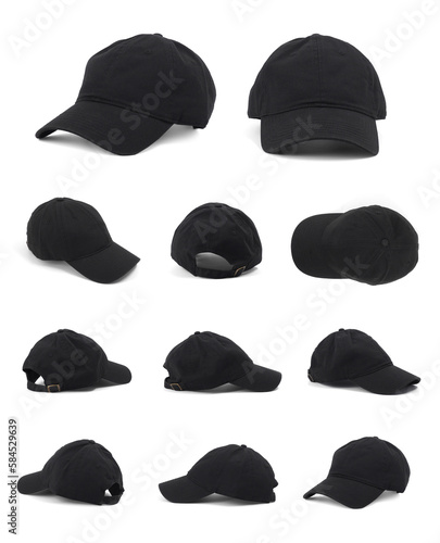 Photography Black baseball cap, Mock up set, on White background, angles views, different an