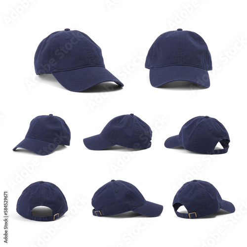 Photography Blue baseball cap, Mock up set, on White background, angles views, different ang