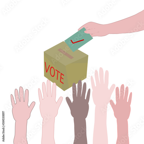 Vote vector illustration by raising hands and voting card