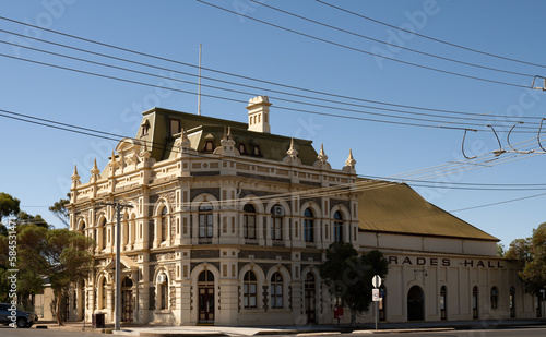 Trades Hall on Blende Street, Broken Hill, New South Wales, Australia. Heritage listed. Completed in 1905, Trades Hall became the first building in Australia to be owned by unions.