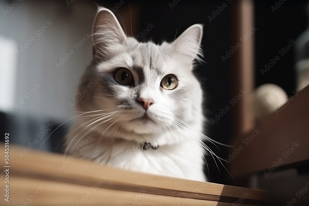 Close-up Young Cute Kitten Sitting in Living Room Blurred House Interior Background