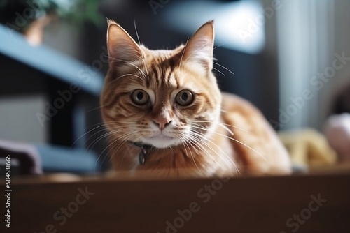 Close-up Young Cute Kitten Sitting in Living Room Blurred House Interior Background