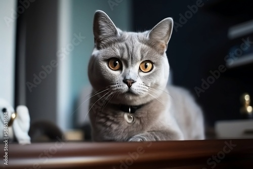 Close-up Young Cute Kitten Sitting in Living Room Blurred House Interior Background © Thares2020