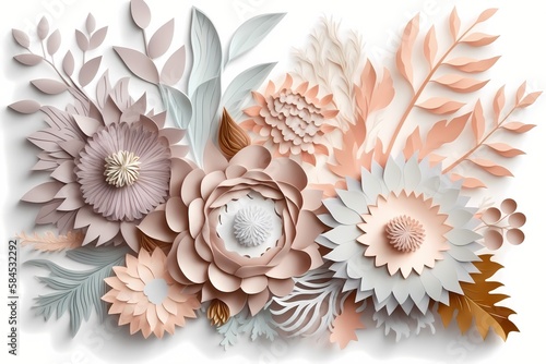 3d render, abstract cut palp er flowers isolated on white, botanical background, festive floral arrangement. Rose, daisy, dahlia, butterfly