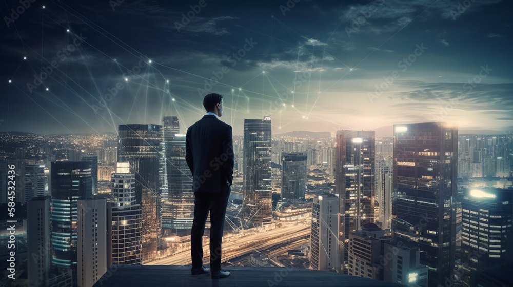 A businessman is standing near a modern building, looking outside and considering his internet connection and telecommunication options. A businessman is standing near a modern building, looking outside and considering his internet connection and telecommunication options.