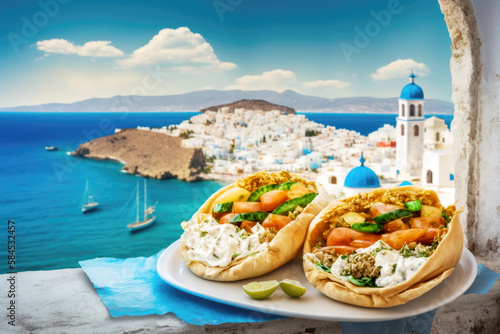 Delicious two gyros on background of a white greek city in Santorini. AI generative photo