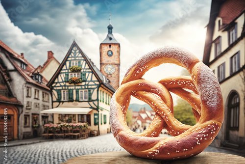 Delicious german pretzel salty snack bread and old european village or town architecture. AI generative photo