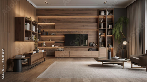 Modern interior of living room with wooden cabinet, Generative AI © sopiangraphics