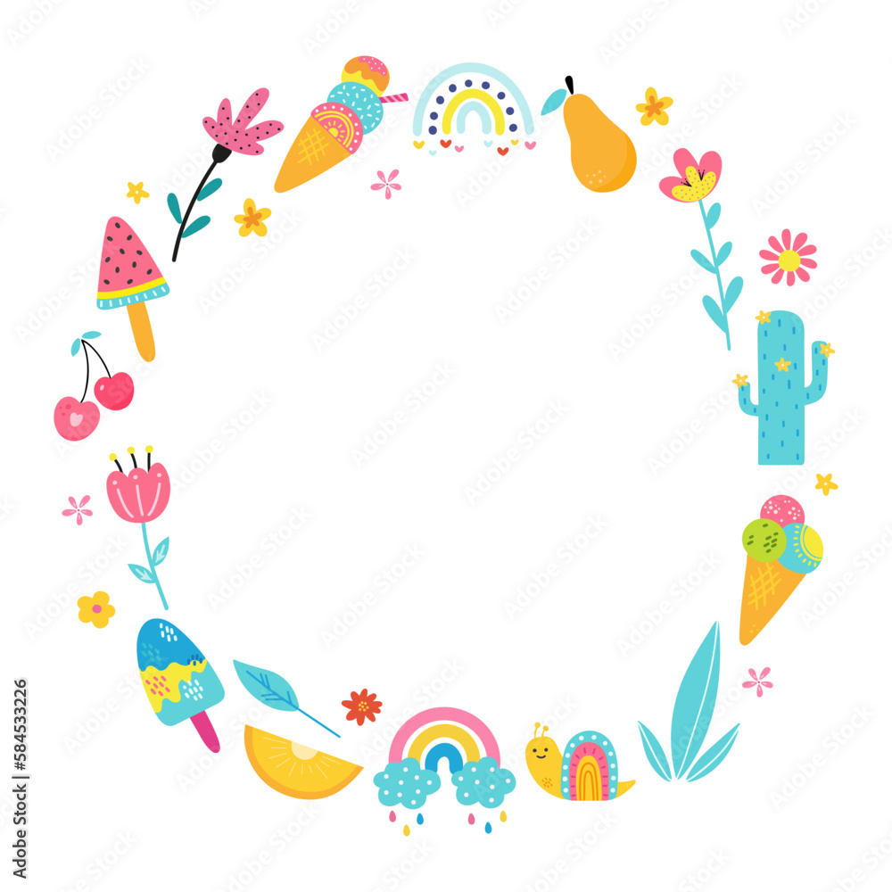 Frame of hand drawn colourful summer elements Frame of hand drawn colourful summer elements