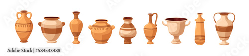 Old pottery set. Ancient Greek vases, antique pots, vintage jugs, clay vessels, urns. Crockery designs, ceramic earthenware. Flat cartoon graphic vector illustrations isolated on white background