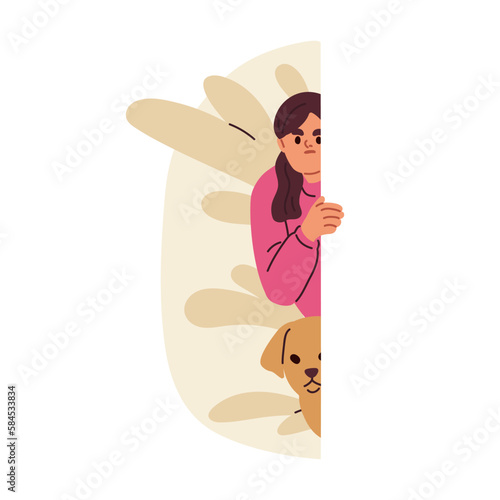 Spying peeping woman and dog. Suspicious angry frowned person and puppy peeking behind wall, looking, watching, observing, snooping. Flat graphic vector illustration isolated on white background