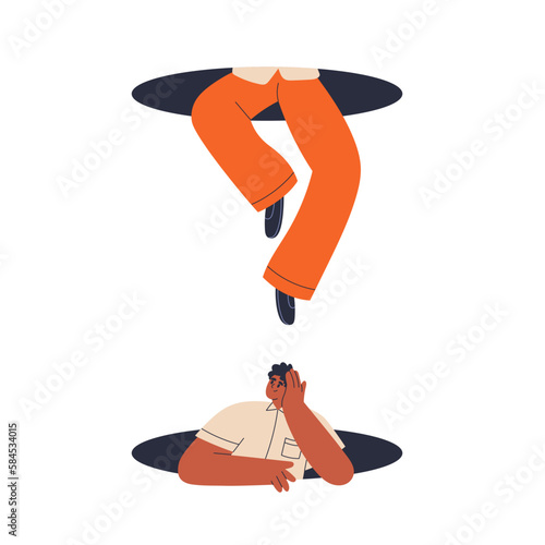 Funny young person peeping, peeking out of hole. Exploring life opportunities...