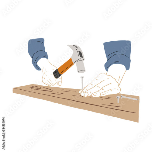 People hand hammering nails Carpenter wood work Hand drawn color Illustration © MMmemo