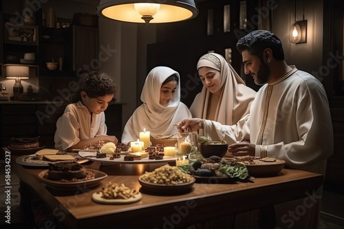 Family having Ramadan Iftar meal gathering, Muslim tradition, fictional characters - generative ai