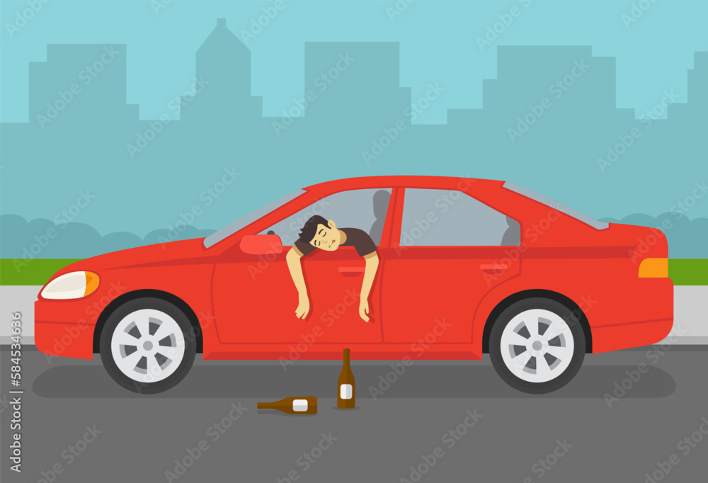 Drunk driver leaning out of the car window. Character's arms hangs down from open window. Side view. Flat vector illustration template.