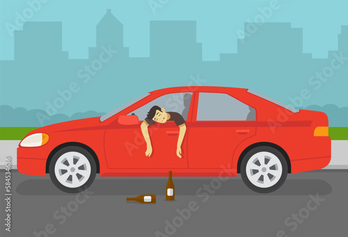 Drunk driver leaning out of the car window. Character's arms hangs down from open window. Side view. Flat vector illustration template.