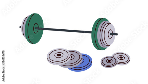 Heavy discs on barbell. Hard disks, plates on bar. Weights, gym equipment for strength workout, power training, weightlifting, muscle pumping. Flat vector illustration isolated on white background