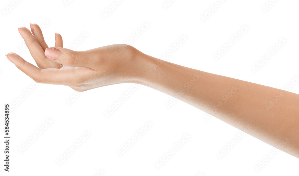 Close-up of a woman's hand, revealing the beauty of perfect skin. Concept for promoting body care and beauty products. Studio shot of woman's hand, showcasing a manicure.