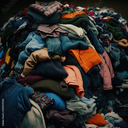 Used clothes in dump, Fast fashion, Sustainability, pile of used clothes on a light background. Second hand for recycling. GENERATIVE AI