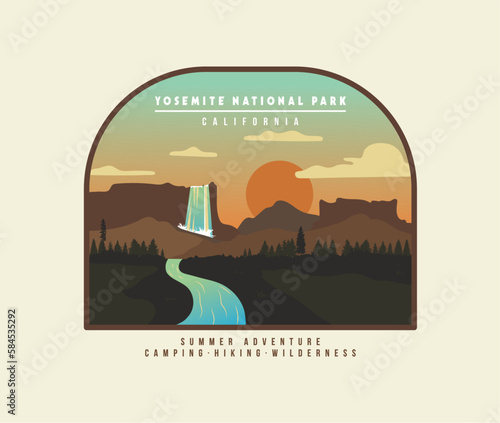 yosemite national park vector illustration, american mountain landscape vector design, outdoor adventure print design, mountain camping vector for print, poster, clothing