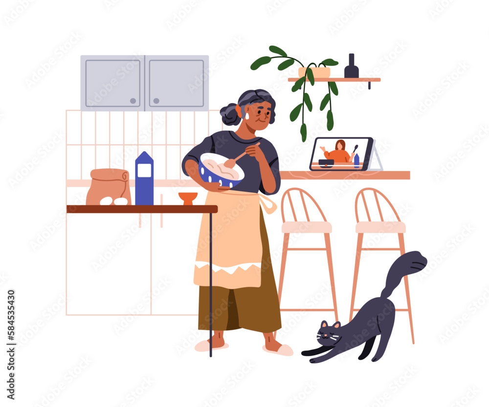 Old woman cooking with online video recipe. Modern senior elderly female character cooks, watching internet tutorial at home kitchen. Flat graphic vector illustration isolated on white background