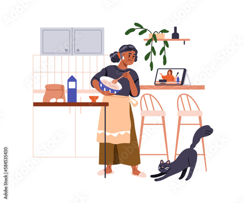 Old woman cooking with online video recipe. Modern senior elderly female character cooks, watching internet tutorial at home kitchen. Flat graphic vector illustration isolated on white background