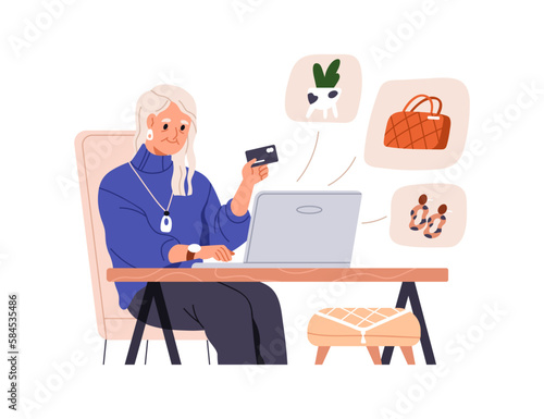 Elderly woman during internet shopping at computer. Senior female buying, ordering, paying for purchase with credit card in online store. Flat graphic vector illustration isolated on white background