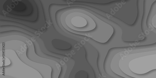 Abstract background Topographic map dark relief texture with curved levels, hole and shadow. Elegant 3d layered illustration, white to black waves concept for banner, wallpaper, trendy cutout cover.